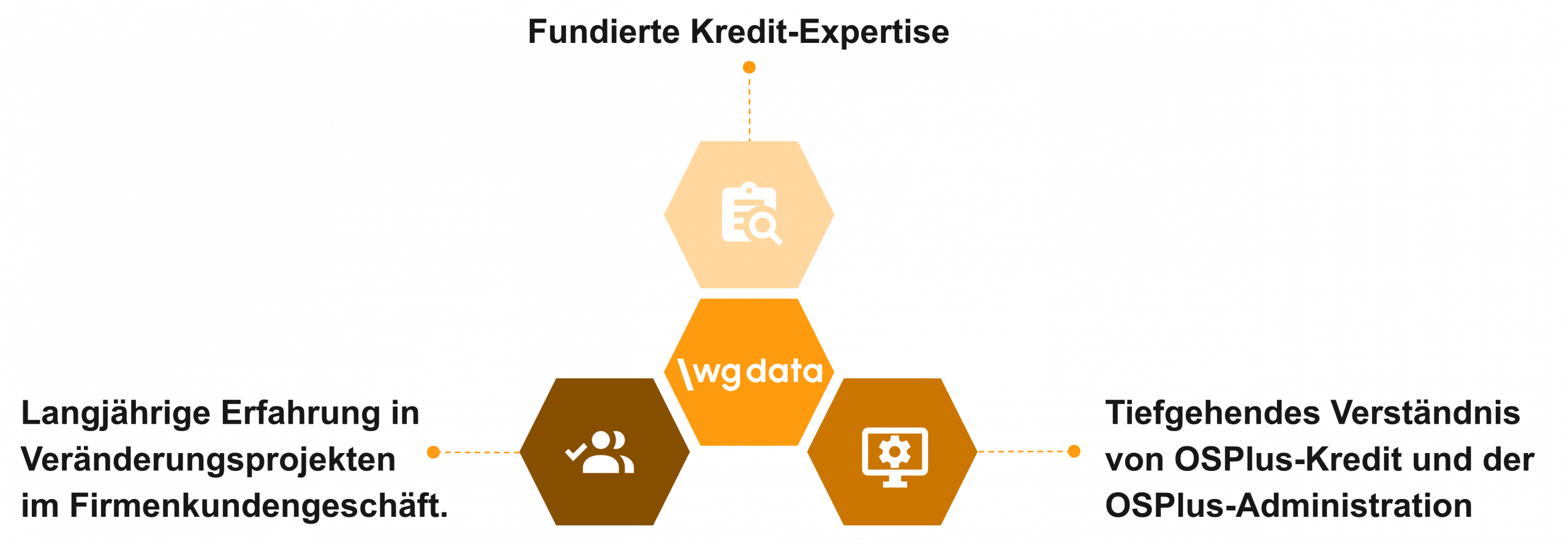 Grafik die den Ansatz der WG-DATA visualisiert. Der Ansatz besteht aus: fundierte Kredit-Expertise, tiefgehendes Verständnis von OSPlus-Kredit und der OSPlus-Administration und langjährige Erfahrung in Veränderungsprojekten im Firmenkundengeschäft.